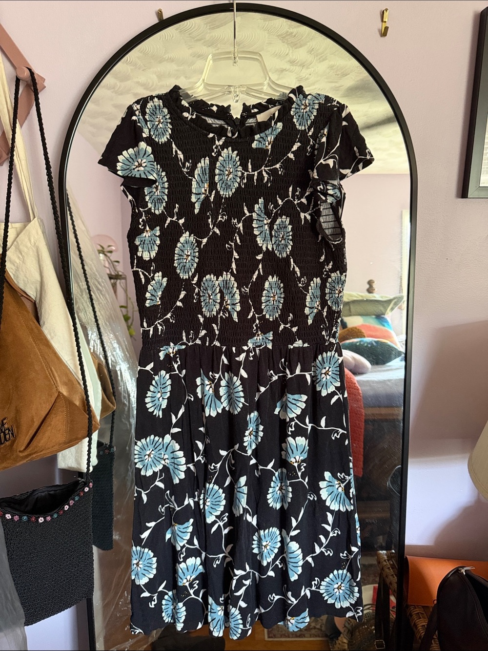 LOFT Black Midi Dress with Sky Blue Floral Print